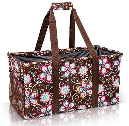 Lucazzi Extra Large Utility Tote Bag - Oversized Collapsible Reusable Wire Frame Rectangular Canvas Basket With Two Exterior Pockets For Beach, Pool, Laundry, Car Trunk, Storage - Brown Daisy