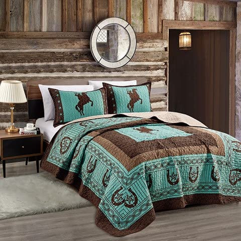 Sapphire Home Luxury 3-Piece Quilt Bedspread Set - Western Design Collection - Wild Horse Country/Horseshoe/Star/Cowboy/Southwestern Blue/Tayler Design w/Pillow Sham - Queen Size, Turquoise Brown