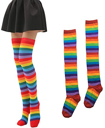 SUNTRADE Extra lange gestreifte Damen-Socken über dem Knie, hohe Strümpfe, blickdicht, niedlich, bunt, Regenbogen-Socken, Cosplay, Party
