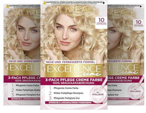 L'Oréal Paris Permanente Haarfarbe, 100% Grauhaarabdeckung, Haarfärbeset mit Coloration, Shampoo und 3-Fach Pflege Creme Farbe, Excellence Creme, 10 Lichtblond, 3 x 268 g