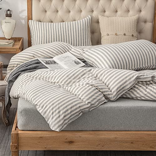PURE ERA Jersey Bed Linen Set, 100% T-Shirt, Heathered, Cotton, Super Soft, Comfortable, Classic Striped Design, with Zipper, Grey and White Striped, Queen Size Bed