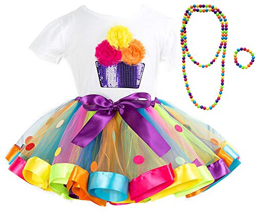 JOINSI Girls Rainbow Tutu Ballet Skirt with Shirt, Necklace & Bracelet (Medium)