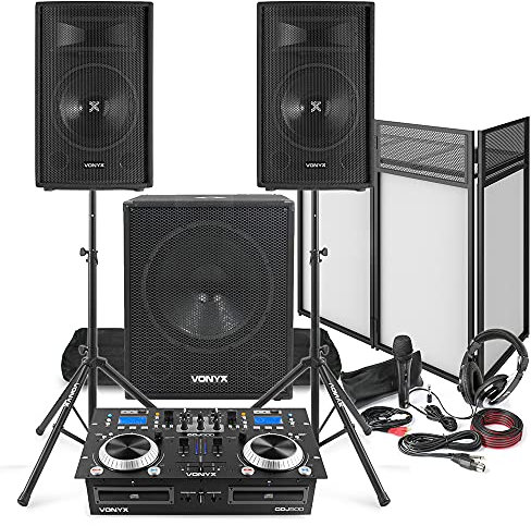 Full DJ Setup PA System with 2x 12 Passive Speakers, 18 Active Subwoofer, Dual CD DJ Mixer Amplifier, DJ Booth, Speaker Stands, Mic, Headphones & Cables for Mobile DJ Events Parties Weddings Gigs