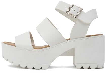 Soda ACCOUNT ~ Women Open Toe Two Bands Lug sole Fashion Block Heel Sandals with Adjustable Ankle Strap (White, numeric_9)