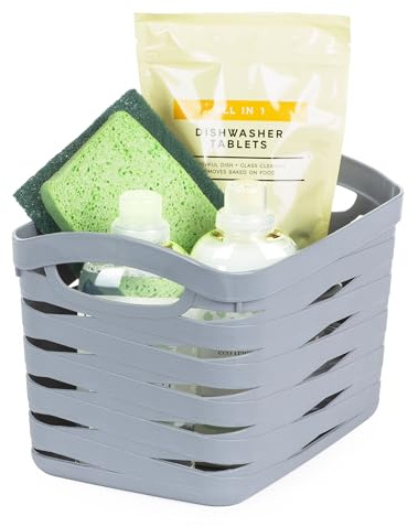 LIVIVO Medium Plastic Storage Basket - Kaari - Weaved BPA Free Organiser Box with Handles & Breathable Design - Multipurpose Home Storage Bin for Kitchen, Bathroom, Bedroom & Office (Medium, 13L)