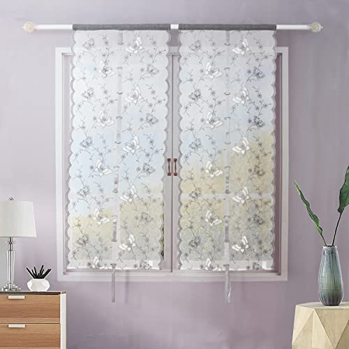 Tende da cucina ricamate con filato Dolly，Tenda per Soggiorno Camera Balcone Finestra e Interni 2 Pannelli, 100% Poliestere, Grigio，60x150cm