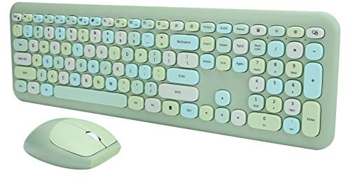 Yunseity 2.4Ghz Wireless Keyboard and Mouse Combo Set, Green Colorful Round Keycaps Keyboard, 110 Keys Full Size QWERTY Typewriter Keyboard(Green Mixed)