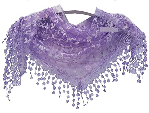 GFM® Women's Summer Triangle Scarf-Mantilla- with Lace and Tassels (TRI-C)(TRI-85-Li-Lilac)