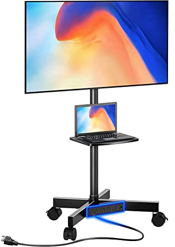 Greenstell TV-Ständer mit Steckdose, mobiler TV-Wagen auf Rädern für 58.4, höhenverstellbarer Roll-TV-Ständer mit AV-Ablage, max. VESA 400x400 mm