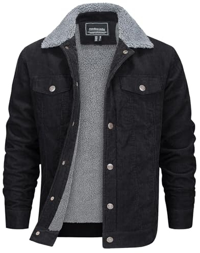 EKLENTSON Winter Jacket for Men Sherpa Lined Coat Thermal Work Jackets Warm Corduroy Jackets for Fall Black XL