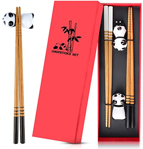 Panda Keramik Essstäbchen Halter, Bambus Form Legierung Essstäbchen Geschenk-Set, wiederverwendbare chinesische Art, klassische Art in eleganter Box Geschenkbox (2-Paare)
