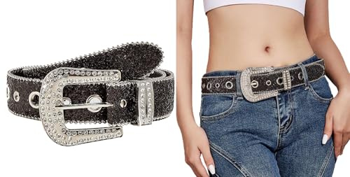 INOGIH Glitter Western Cowboy Style Rhinestone Belt Luxury Bling Bling Diamond Crystal Studded Belts for Jeans Pants Dress, Black, 105cm/Suit for 28''-37'' Waist