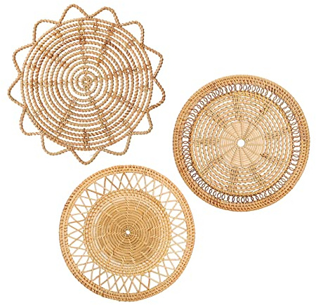 RXMORI Boho Wandkorb Dekor, Set von 3 Hängekörben, natürlich gewebte flache Körbe, runde Weidenkörbe, Wandkunst, handgefertigter rustikaler Wandkorb für Heimdekoration, 30cm-30cm-33cm