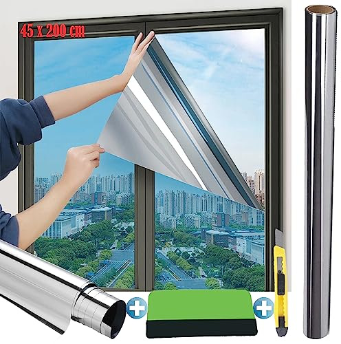 FITCXJX Vinilos Espejo para Ventanas, Vinilo Ventana Anti Sol, 99% de Protección UV y Rotección de la Intimidad,Vinilo Espejo para el Hogar y la Oficina(45 x 200 cm)