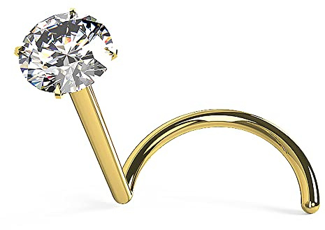 AZARIO LONDON Pendiente redondo de diamante genuino de oro amarillo macizo de 14K para la nariz - Tornillo para la nariz, pendiente pequeño para la nariz - Anillo fino para la nariz - Pendiente para