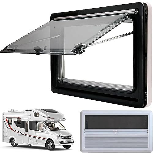 DEHIWI Ausstellfenster Seitenfenster Wohnmobilfenster Acryl-Doppelglas Camper Wohnwagen Schiebefenster RV Externes Push Fenster,70° Öffnungswinkel inkl. Fliegengitter & Verdunklung,500mm*450mm