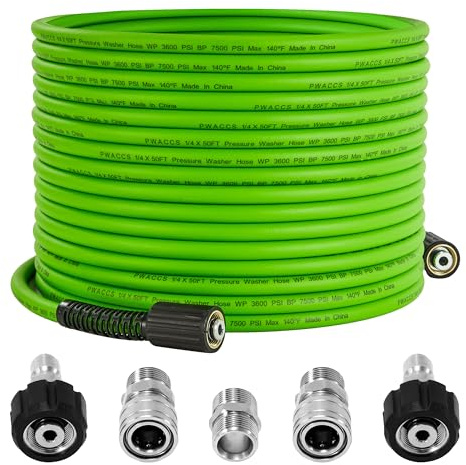 PWACCS Pressure Washer Hose 50 FT x 1/4, Power Washer Hose Kink Resistant, Universal High-Pressure Washing Extension Hoses Replacement, Compatible with M22 Stainless Steel Fittings, 3600 PSI, Green | Universal High-Pressure Washing Extension Hoses Replacement, Compatible with M22 Stainless Steel Fittings, 3600 PSI, Green