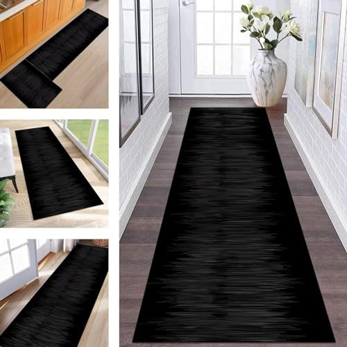 Teppich Läufer Lang Flur rutschfest waschbar Teppichmatte Küchenläufer 50X100CM Schwarz Abstrakt Korridor Läufer Teppich Küchenmat Meterware Flurteppich Dauerhaft Wohnzimmer Schlafzimmer Esszimmer