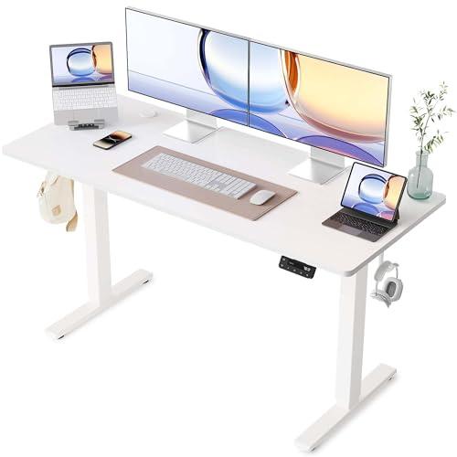 YIHAYO Höjdjusterbart skrivbord 140 x 60 cm, Bänkskiva Höj och Sänkbart Hemmakontor, Skrivbord Justerbar Höjd Elektriskt Ståskrivbord med Minnesfunktion, Vitt