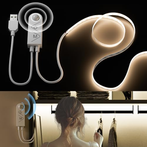 PAUTIX USB 5V COB LED Streifen mit Bewegungsmelder Naturweiß 4000K 3M,960LEDs Dimmbar CRI90+ LED Band Selbstklebend für Treppen Kinderzimmer Schränke Bettlampenbeleuchtung