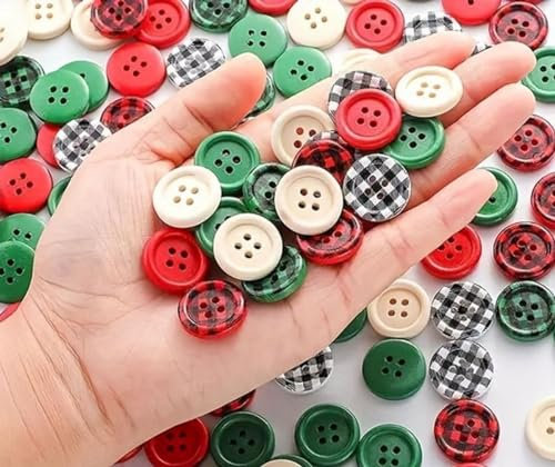 CHTME Holz Weihnachtsschmuck Weihnachtsknopf 100Pcs 4 Löcher Runde Holzknöpfe Weihnachten Büffel Plaid Holzknöpfe Bastelknöpfe Weihnachts-Nähknöpfe DIY Basteln Handarbeit Geschenk Deko