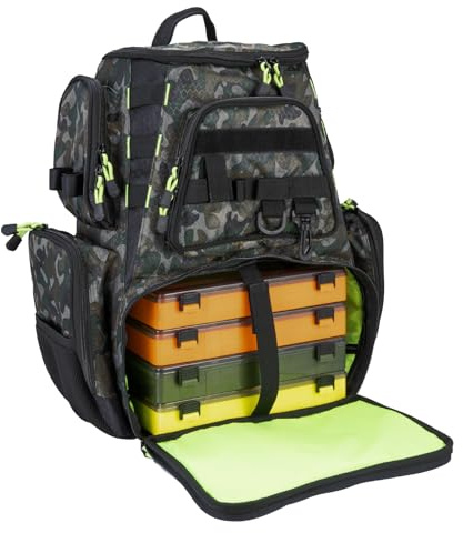 Seaknight Fiskeväska multifunktionell ryggsäck vattentät Holdall tackle förvaring ryggsäck för karpfiske utomhus camping vandring, L Storlek - Camo med 4 lådor, Fiskeväska