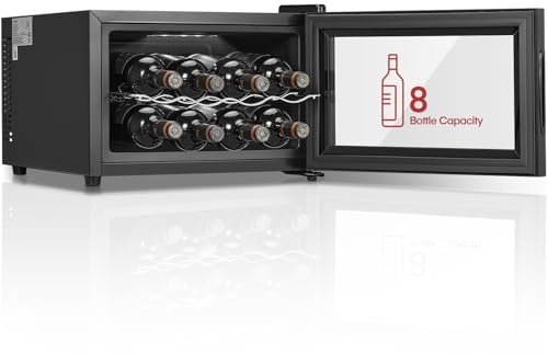 FOHERE Frigorifero per 8 bottiglie, frigorifero da tavolo con porta in vetro, 22 litri LED + display digitale, frigorifero per bevande con porta in vetro, 5-18 °C, zona singola