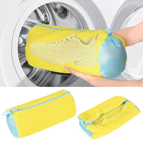2 Pcs Schuhwaschbeutel Waschmaschine, Schuhe Waschbeutel mit Reißverschluss, Multi Wäschesack Schuhe mit 360° Reinigungsflaum, Selbstreinigende Waschbeutel für Waschmaschine und Trockner (Gelb)
