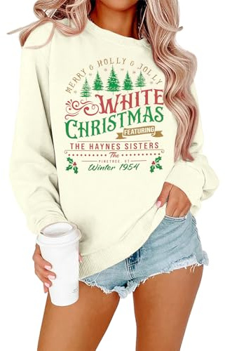MYHALF Christmas Sweatshirts for Women 2024 Crewneck Christmas Trees Sweaters White Christmas Movie Shirts Xmas Holiday Tops, A-apricot, S