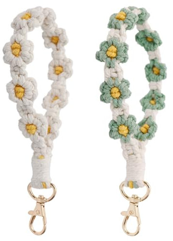 2 Stück Makramee Schlüsselanhänger, Handgefertigt Geflochten Schlüsselanhänge Keychain, Aesthetic Schlüssel anhänger mit niedliches Gänseblümchen-Motiv für Frauen Mädchen Geschenk (Weiß+Grün)