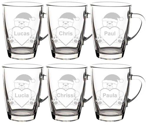 LUXENTU Glasbecher mit Gravur, Plüschbär, 300 ml, 6 Stück | Personalisierte Glastassen für Kaffee, Tee & Glühwein, Wichtelgeschenkidee, hitzebeständig, Spülmaschinenfest