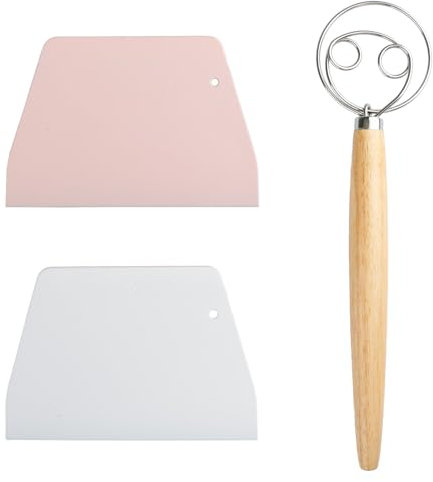 Tabanzhe Danish Dough Whisk 13 Inch Stainless Steel Double Eyes with Wooden Handle and 2PCS Dough Scrapers – Hand Mixer Tool for Bread Cake Pizza Biscuits Baking