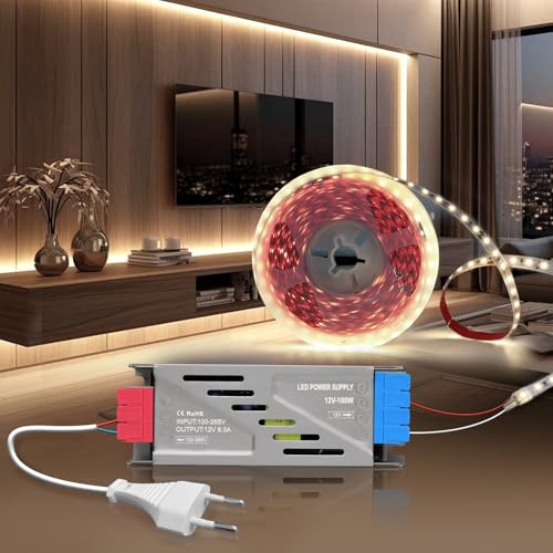 BRIMETI 12V LED Streifen Selbstklebend Strip 5M Neutralweiß 4000K 600LEDs 8mm Breite Flexibel Band Vitrinenbeleuchtung LED Licht DIY Leiste mit Netzteil 12V 100W und Netzkabel mit Stecker, für TV