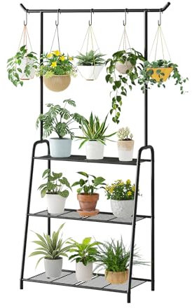 Kitsanery Pflanzenständer für drinnen und draußen, Metall-Pflanzenständer für mehrere Pflanzen, 3 Etagen, hohes Hängeregal, groß, strapazierfähig, Blumenhalter, Leiter für Wohnzimmer, Terrasse, Balkon