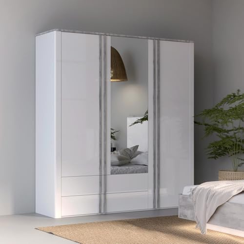 Forte BUGANVILLA Kleiderschrank 200, moderner 2-türiger Drehtürenschrank mit Spiegel, Holzwerkstoff, Weiß mit Betonoptik, 201 cm breit, 215,6 cm hoch, 58,4 cm tief