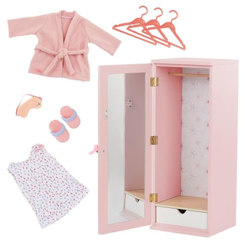 Our Generation Fashion Closet – Holz-Kleiderschrank für 46 cm Puppen – inkl. Spiegel, Schublade & Zubehör – Puppenschrank mit Outfits – Komplett montiert