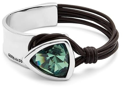 Uno de 50 | Robustes Damenarmband | Leder und Sterlingsilber plattiert | Grüner facettierter Kristall | Größe M | Handgefertigter Schmuck