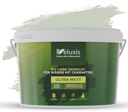 Veluxis® Wandfarbe Grün für den Innenraum - 2,5 Liter & Deckkraft-Klasse 1, Streifenfrei, tropfarm & Öko Farbe, VOC-frei - (Lovely Lime)