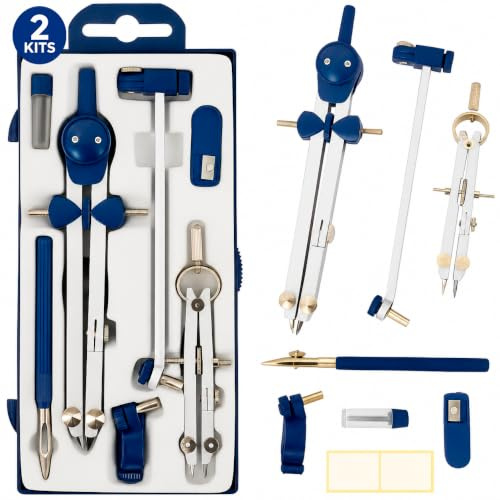 2 Compas Dibujo Tecnico Profesional - Compás Escolar de Precision con Rueda de Ajuste Bachillerato y Secundaria - Compasso Escolar Dibujo Tecnico de Metal - Compas Grande Dibujo Técnico Plastica Azul