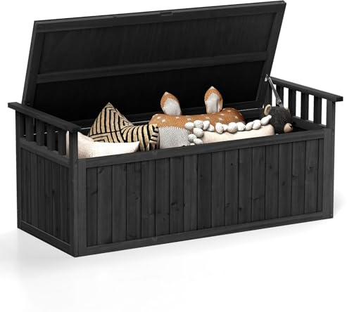 COSTWAY Banc de Rangement d'Extérieur en Bois, Banc d'Extérieur à 2 Places de 209 L avec Accoudoirs, Coffre de Stockage en Bois pour Outils de Jardin, Charge 100KG, pour Jardin Balcon (Noir)