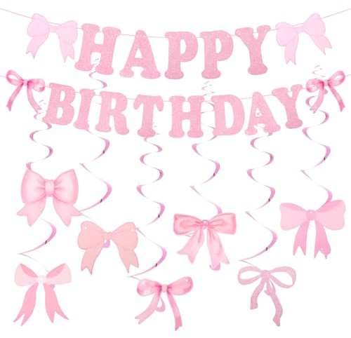 Rosa rosett födelsedagsfest dekorationer, söt glitter rosett födelsedag banderoll rosetter fest hängande virvlar set kokett rosetter tema fester dekor strömmar för kvinnor baby shower möhippa