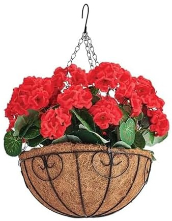Mikasa Faux Hanging Floral Plant with Red Flowers, Geraniums Artificial Greenery Vine, Realistic Plastic Hanging Basket Plant, Fake Trailing Flowers for Home Decor, Indoor Outdoor