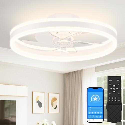 VOLISUN Ceiling Fans with Lights and Remote, 59.5cm Modern Smart LED Ceiling Fan Light, 6 Speeds and 3000K-6500K Dimmable Quiet Fan Ceiling Lights for Bedroom Living Room Dining Room (White)