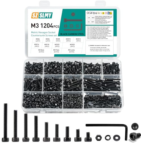 1204 Stück M3 Schrauben Set, Innensechskantschrauben Muttern Set, Zylinderschrauben mit Muttern mit Unterlegscheiben Sets, Schwarz Maschinenschrauben Sortiment, Gewindeschrauben Set (1204, M3)