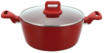 2.4L Stockpot with Lid Non Stick Cooking Pots with Tempered Glass Lid Induction Base Aluminum Casserole Pot for Cooking Soups & Brew Boiling Stews Pots (Red, 20cm Stock Pot)