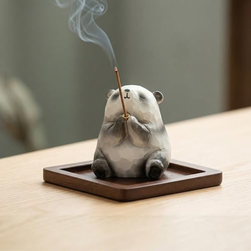 Räucherstäbchenhalter mit Panda-Figur, Räucherhalter mit Holzoptik-Basis | Niedliche Panda-Deko, Räucherhalter und Incense Holder für Meditation, Yoga, Schlafzimmer, Wohnzimmer, Büro und Schreibtisch
