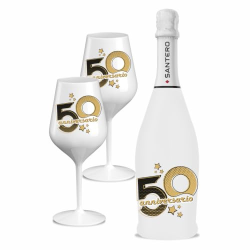BRANDGIFT.IT Bottiglia Personalizzata 50 ° Anniversario Matrimonio Santero 958 Spumante Extra Dry + Due Calici Personalizzati Abbinati e Pack In Cartone