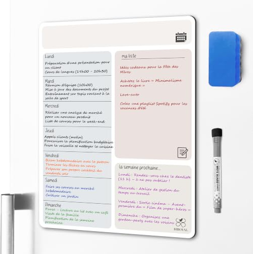 Calendrier Tableau Magnetique pour Frigo, Planning semaine frigo magnetique | 41.7 x 32 cm Grand Planificateur Hebdomadaire pour Menus/Repas, Projets, Planification des Tâches, avec feutre