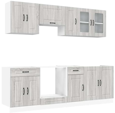 WRJENFSC Juego de 8 muebles de cocina Kalmar de madera gris Sonoma, incluye armarios para fregadero, horno y colgante, juego de muebles de cocina modular para mucho espacio