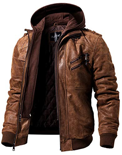 FLAVOR Echtes Lederjacke Herren Abnehmbarer Hoodie (3XL, Braun)